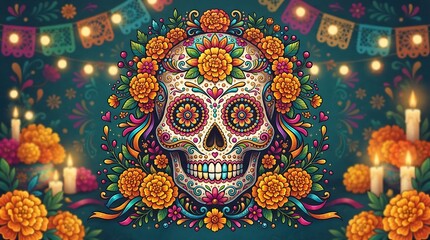 Fototapeta premium Vibrant sugar skull design with marigolds and folk art elements, perfect for dia de los muertos celebration and holiday decor.