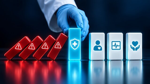 Medical Professional Hand Stopping Red Warning Dominos To Protect Healthcare Icons Concept