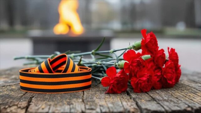 Red carnations and St George ribbon on old wooden table with eternal flame burning in background. Victory Day memory concept. Flowers tribute to fallen soldiers
