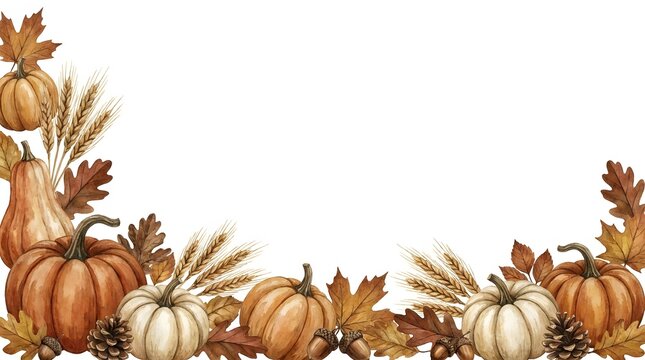 A beautiful watercolor illustration featuring a rustic autumn corner border composed of vibrant pumpkins, golden wheat stalks, fallen oak leaves, and detailed pinecones on white