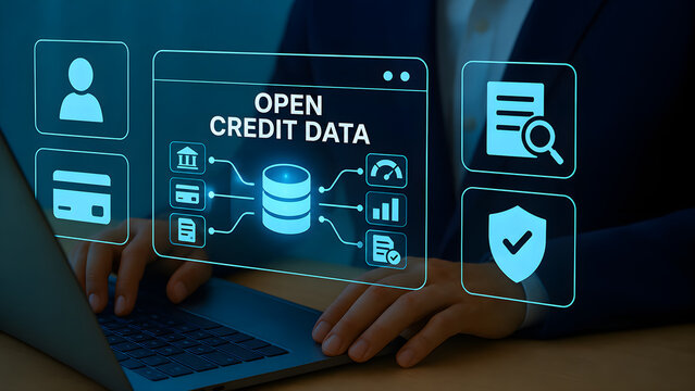 Open Credit Data Hologram Interface with Database and Credit Score Icons for Financial Technology Professionals