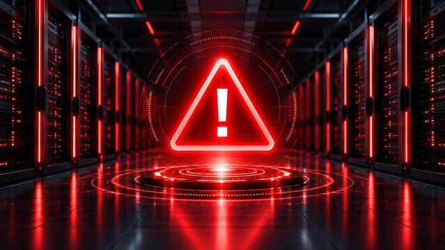 Critical System Error and Cyber Threat Warning Triangle Alert in Glowing Red Server Room