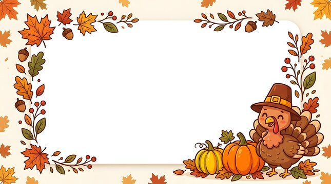A charming Thanksgiving themed frame featuring a cute turkey wearing a pilgrim hat standing next to vibrant orange pumpkins surrounded by colorful autumn maple leaves