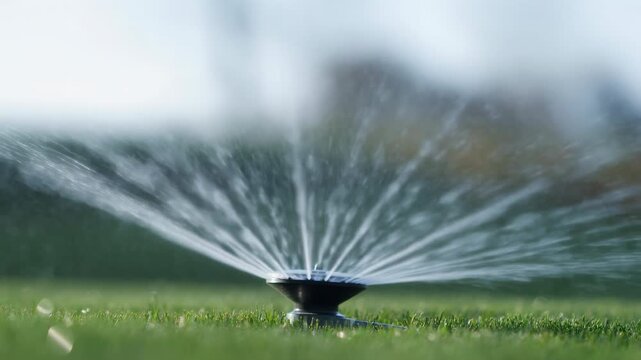 Lawn sprinkler sprays wide fans of water across green grass from low ground-level view, with sparkling droplets, soft daylight, and blurred garden foliage behind