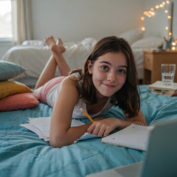 Ni&ntilde;a o adolescente sonriente estudiando y haciendo deberes tumbada boca abajo sobre la cama con port&aacute;til y apuntes