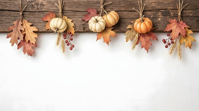 A rustic wooden plank adorned with hanging autumn decorations featuring white and orange pumpkins colorful fall foliage wheat stalks and small red berries background