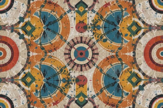 A seamless repeating pattern of 1960s retro geometric interlocking circles and squares on a distressed concrete background.