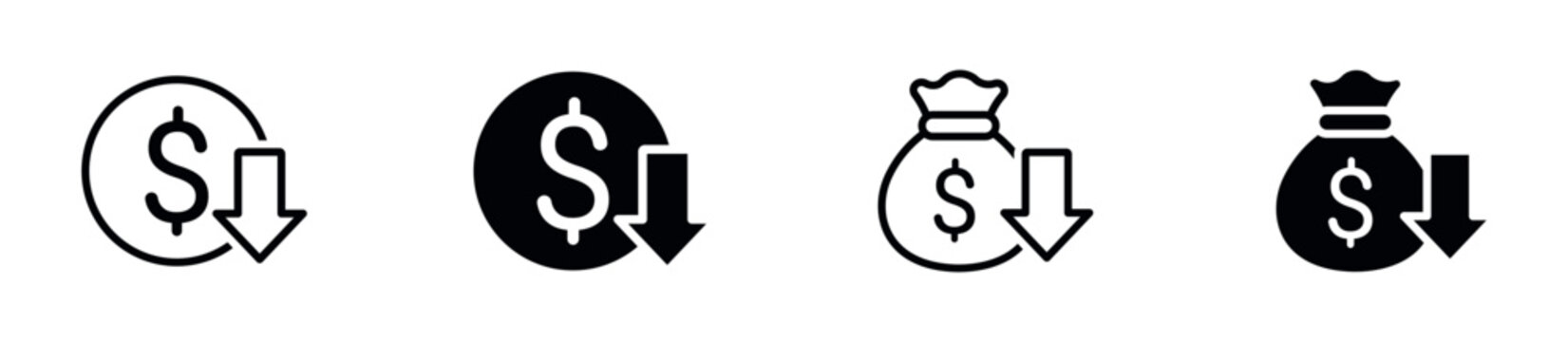 Cost Reduction Icon Set, Money Bag, Dollar Coin, Downward Arrow, Savings, Price Reduction, Finance and Business Loss Symbols. Vector Illustration.