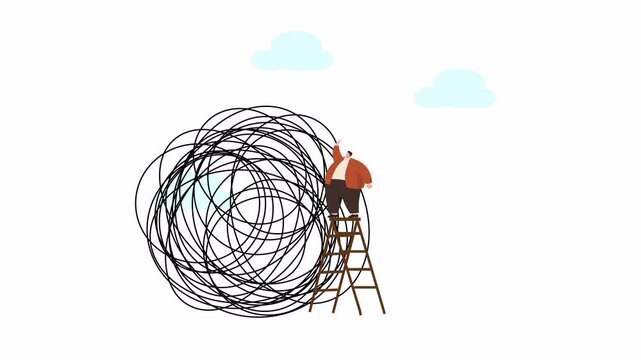 Businessman Untangling Complex Problem on Ladder Problem-Solving Concept