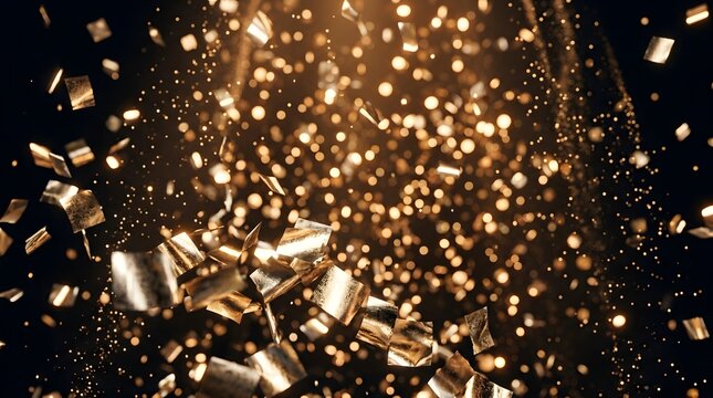 A Stunning Close-up View of Golden Confetti Pieces Cascading Downwards Against a Dark Background Creating a Festive Atmosphere Filled With Sparkling Bokeh Lights and Magic