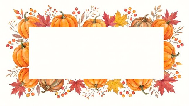 A beautiful watercolor illustration featuring a rectangular frame made of vibrant orange pumpkins, colorful autumn maple leaves, and delicate red berries on white background