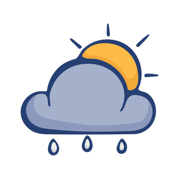 Rain and sun icon for weather forecast. Hand drawn doodle clipart for light showers, mixed conditions and meteorology apps. Vector illustration isolated on white background.