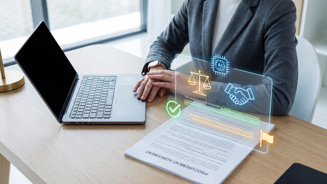 AI contract analysis and procurement agreement risk concept, businesswoman with laptop and document under virtual panel showing AI chip, handshake, highlighted clauses, checkmark and flag