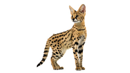 Exotic spotted serval wildcat standing sideways wildlife fauna isolated on transparent background © Harry