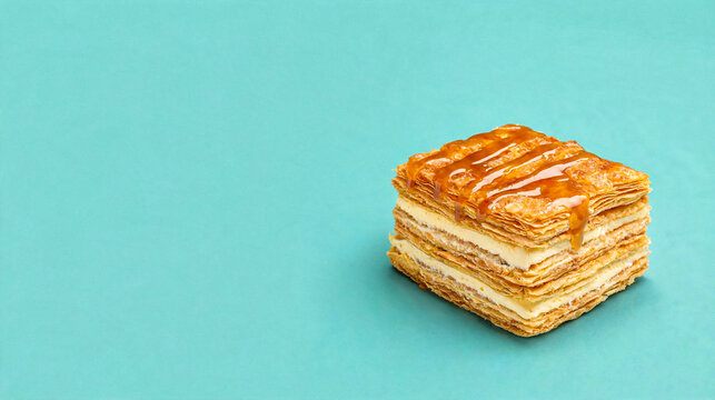 Delicious mille-feuille pastry with caramel drizzle on a vibrant teal background