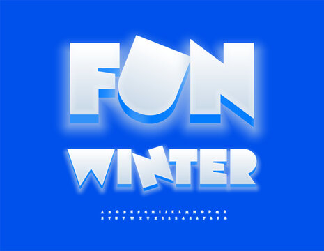Vector Playful poster Fun Winter. Glowing Snow White 3D Font. Funny set of Trendy Alphabet Letters and Numbers.