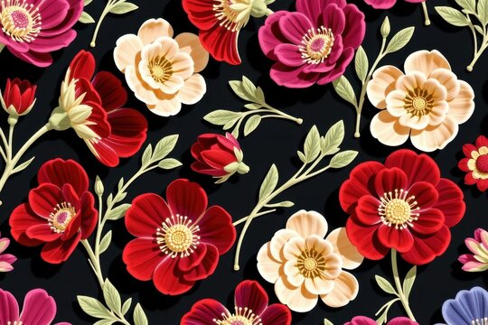 A retro floral repeating pattern of chunky block printed anemone flowers with metallic gold centers and 1960s geometric edges in a bold contrasting palette of black and cherry red.