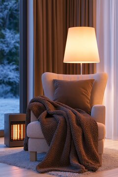 Cozy armchair with soft blanket and warm lamp