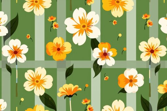A retro floral wallpaper pattern of stylized symmetrical bellflowers dripping with golden nectar repeating in a rigid 1960s vertical stripe pattern in olive and mustard.