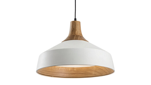 Modern minimalistic white and wooden hanging ceiling lamp isolated on transparent background