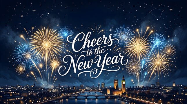 A Stunning Panoramic View of the London Skyline Featuring Big Ben Illuminated Against a Vibrant Night Sky Filled With Golden and Blue New Year Fireworks