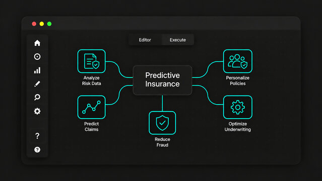 Predictive Insurance Analytics Dashboard Interface with Risk Data and Fraud Reduction Icons for Insurance Companies