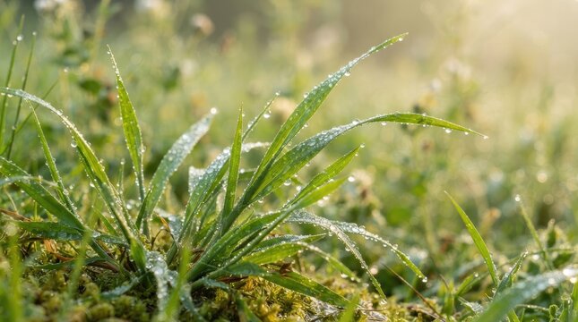 Sparkling morning dew clings to fresh green grass in a peaceful natural scene