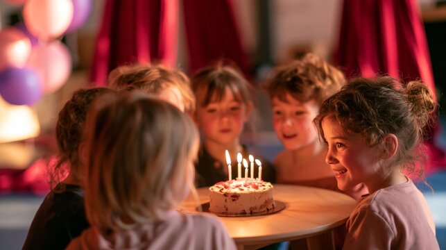 Children gather around a birthday cake with lit candles