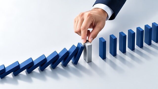 Businessman Hand Stopping Falling Dominos to Prevent Chain Reaction Crisis