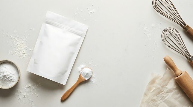 Baking ingredients in a pouch with whisks and a wooden spoon on a grey surface for cooking preparation. baking soda packaging