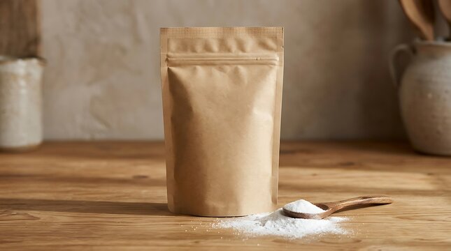 Blank brown craft paper pouch bag for food product packaging with wooden spoon and white powder dust. baking soda packaging