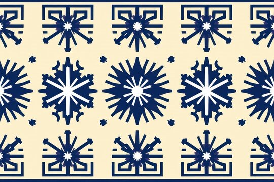 A geometric tribal border design of repeating interlocking Greek key motifs creating a continuous intricate maze pattern terminating in sharp 1960s starbursts in bold navy and white.