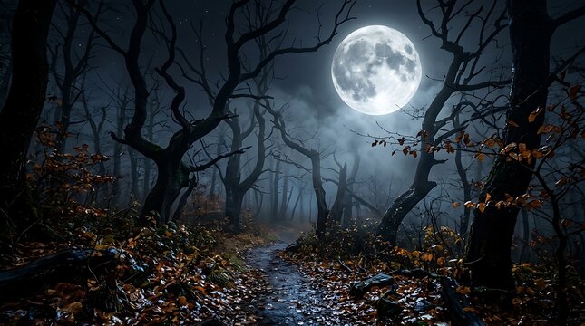 Full moon illuminating misty autumn forest with fallen leaves and shallow stream