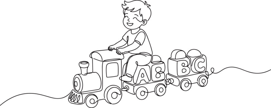 Continuous single line of a happy little boy riding a toy train made of alphabet blocks, isolated on a white background, minimalist for children education