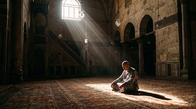 Man meditating inside a historic mosque with arches and soft light