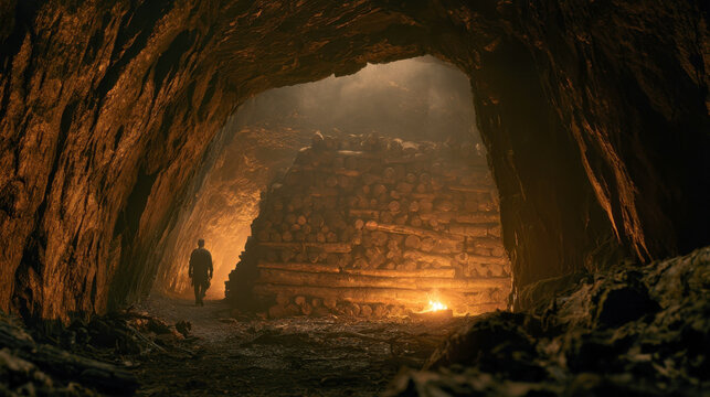 Exploration inside a dark underground cave showing a silhouette of a man walking past a large wooden log stack lit by a warm glowing campfire with dramatic stone textures and dim mysterious light.