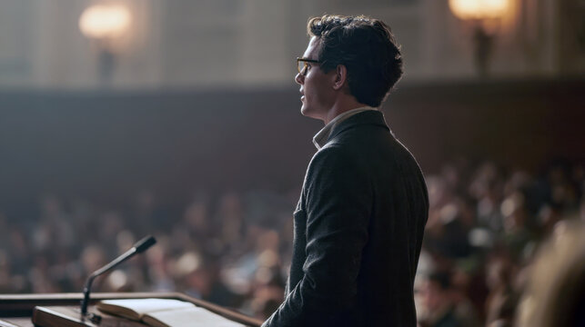 Profile of a young man wearing glasses and suit speaking at a podium rostrum with microphone during a public conference presentation or formal lecture in a crowded auditorium with blurred audience.
