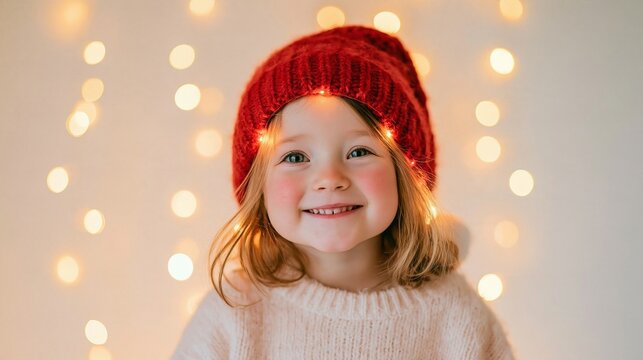 Warm glow lights softly blur behind her