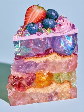Colorful cake slice with rainbow gelatin layers