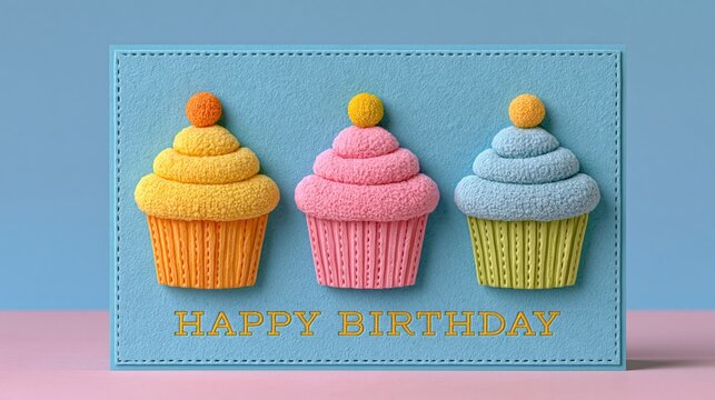 Three colorful cupcakes sit on a soft blue card