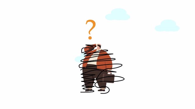 Confused businessman tangled in lines with a question mark, symbolizing business problems and uncertainty