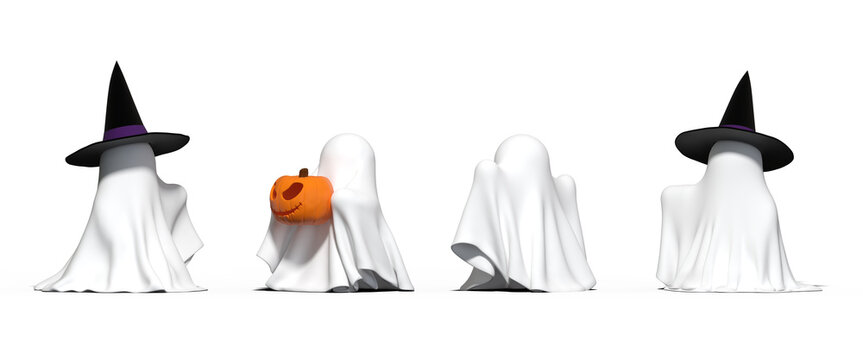 Cute Halloween ghosts collection set isolated on transparent background, 3D render