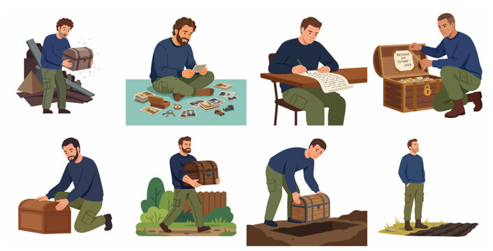 Vector illustration set of a man preparing and burying a time capsule with photos and a message for the future