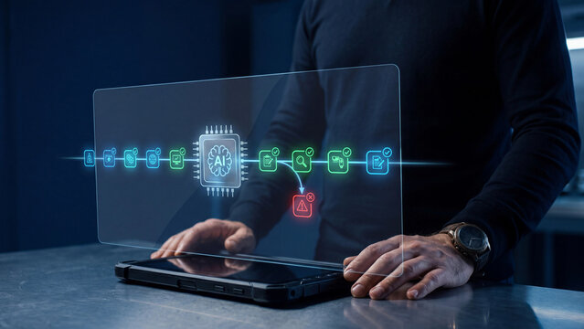 AI workflow automation and business process pipeline concept, man using tablet with transparent screen showing AI chip, checked task steps and error warning for smart exception handling