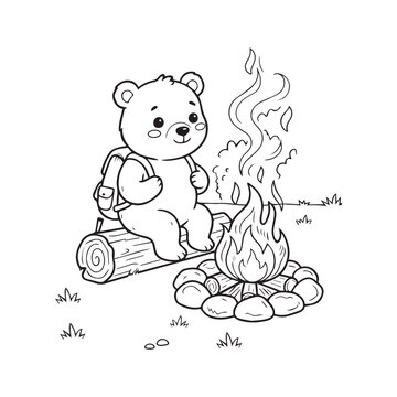 Cute baby bear camping with a backpack sitting on a log by a campfire