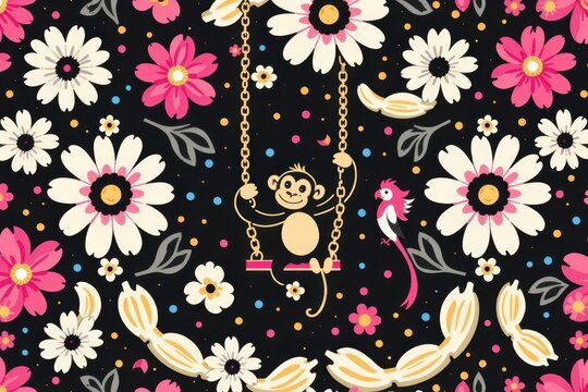 A retro floral repeating pattern of chunky block printed daisy chains decorated with tiny gold sequins and sliced bananas surrounding a swinging monkey chattering at a passing parrot in a bold contras
