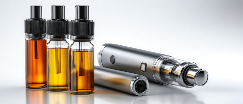 A vape device is placed next to four bottles of e-liquid in various colors on a clean surface. Light reflects off the shiny surfaces