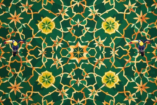 A Moroccan tile pattern of repeating complex geometric interlocking hexagons forming a mesmerizing dense honeycomb grid of sparkling stars, sliced starfruit