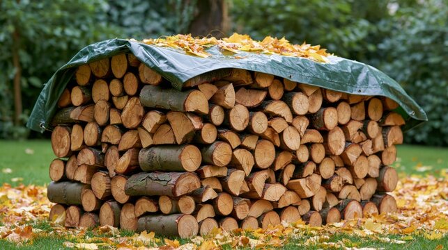 Stacked wood logs covered with a green tarp