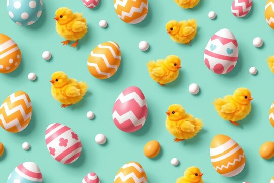 A seamless repeating pattern of painted Easter eggs and fluffy yellow chicks on a soft mint green background.